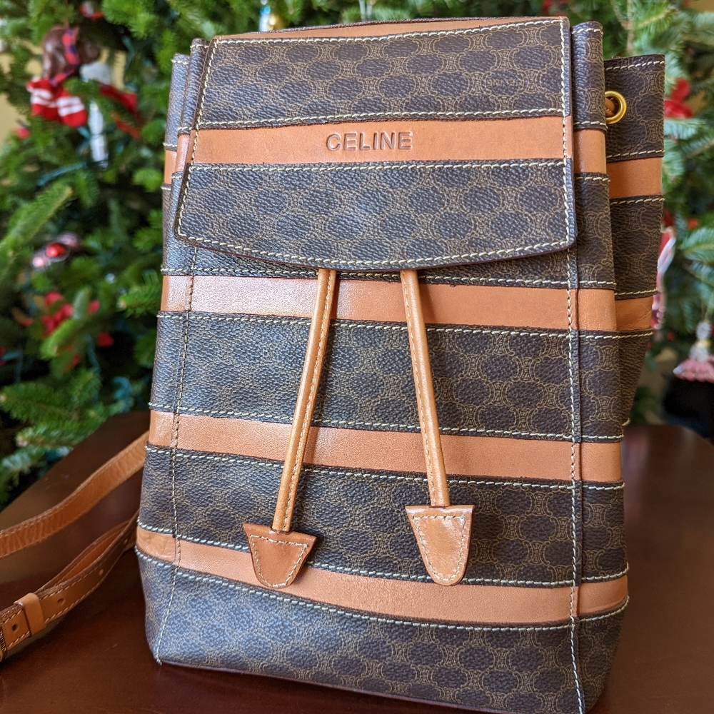 CELINE Macadam Backpack Purse Brown PVC Leather Vintage MC96*